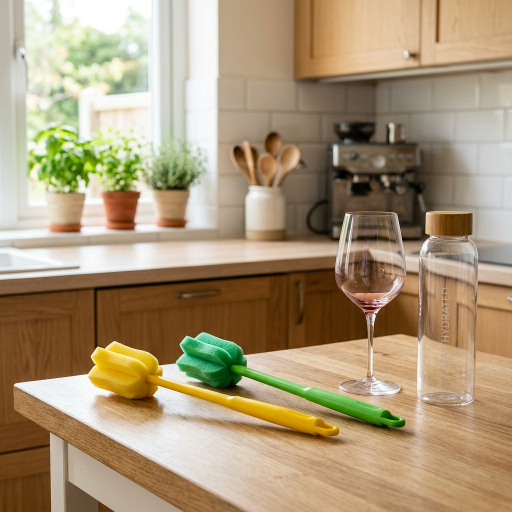 Yellow and green bottle cleaning brushes on a kitchen countertop next to a wine glass and water bottle